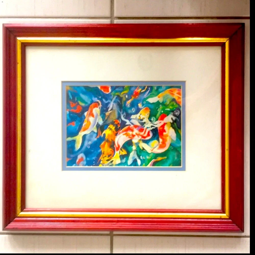 Framed Koi Fish Colourful Water Painting Print by Tracy Reid 1991 - Oak Frame - Picture 13 of 14